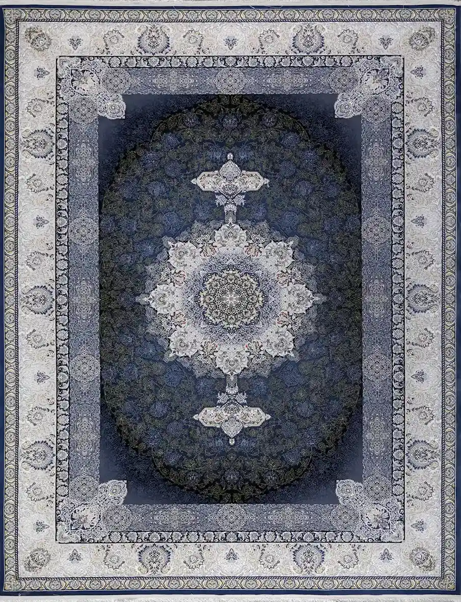 فرش دلربا اطلسی 1200 شانه با تراکم 3600 محصول خاص شرکت پازیریک با رنگ طوسی روشن و طراحی فاخر