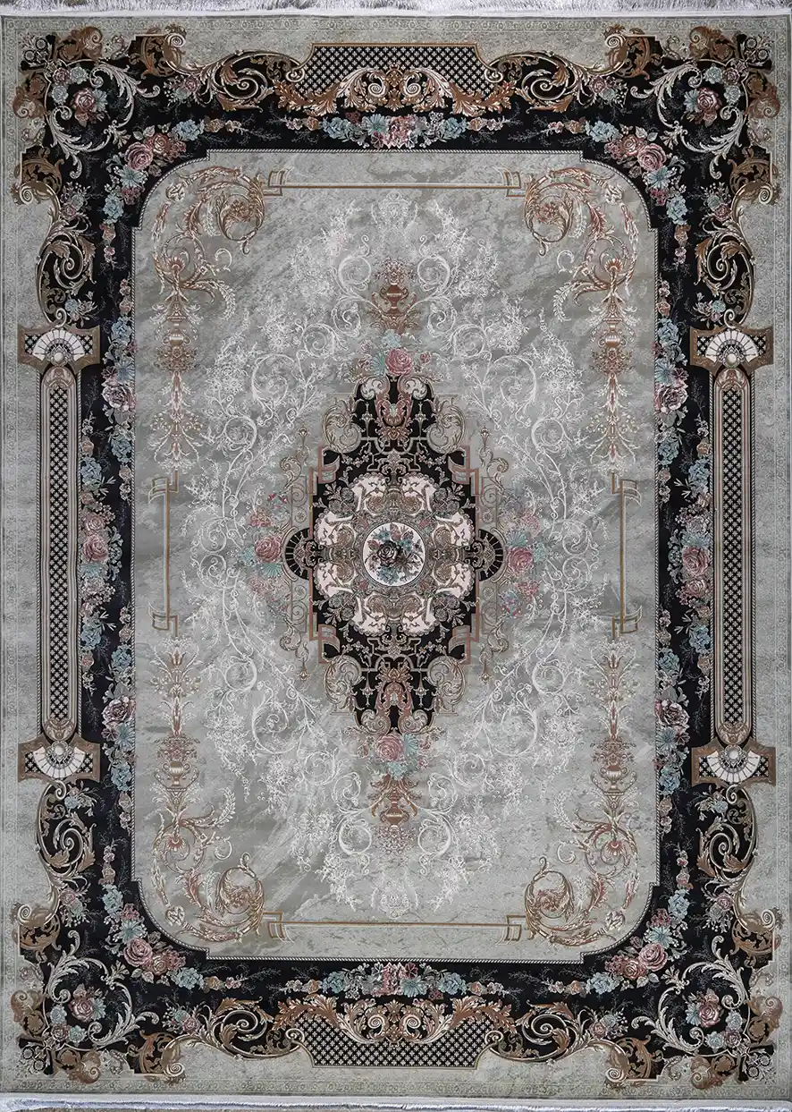 فرش ملودی نقره‌ای آبی 1200 شانه تراکم 3600 محصول جدید پازیریک – طراحی مدرن با رنگ‌بندی لوکس