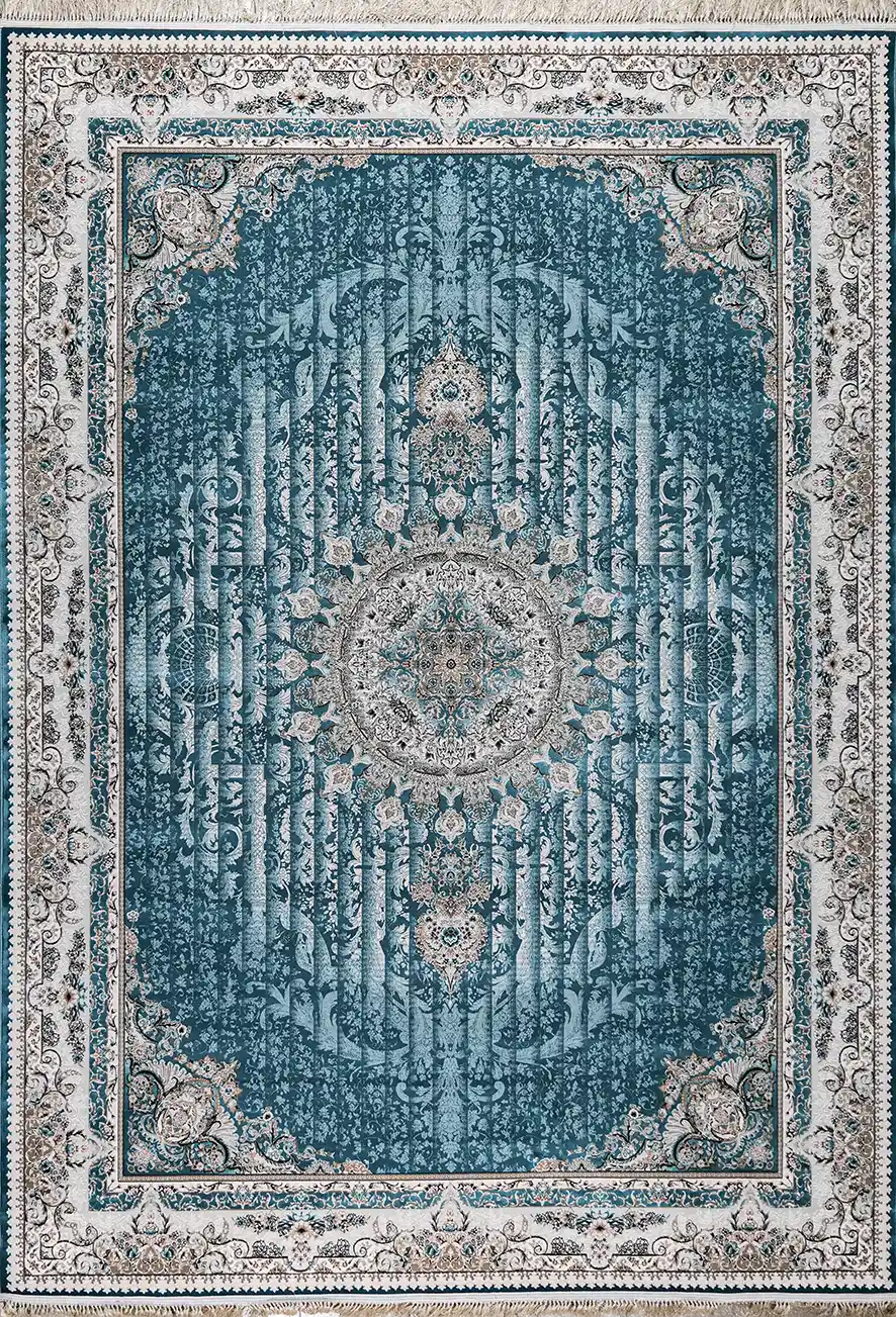 فرش تینا آبی با گل برجسته در دکوراسیون نشیمن